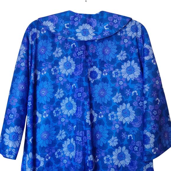 Vtg 60s 70s Blue Boho Mod Floral Housecoat L/XL Cottagecore Dress Velvet Buttons - Picture 6 of 9